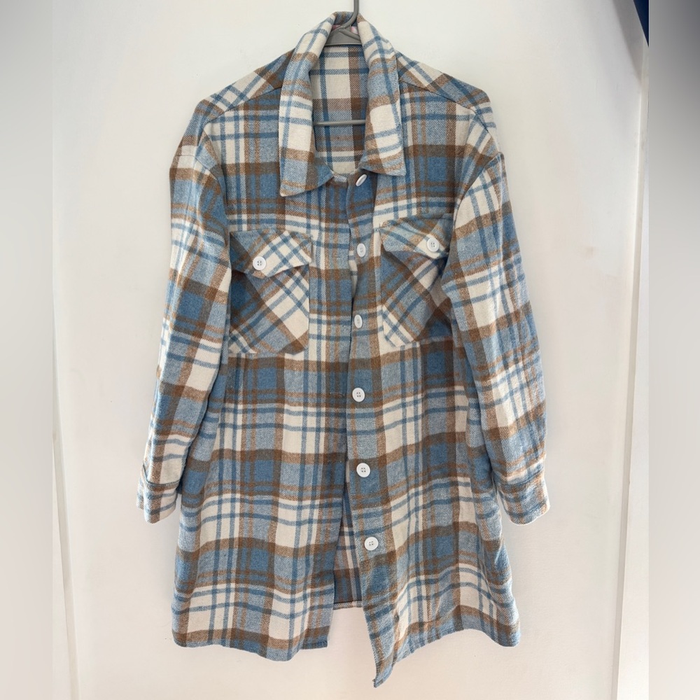 Blue Cream Brown Plaid Button-Up Shacket